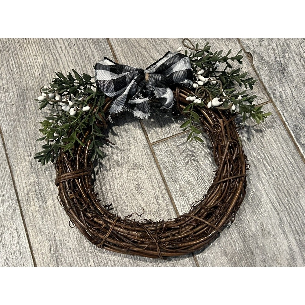 Grapevine Wreath Christmas Pine Buffalo Plaid Bow Holiday Wall Decor 8" Handmade